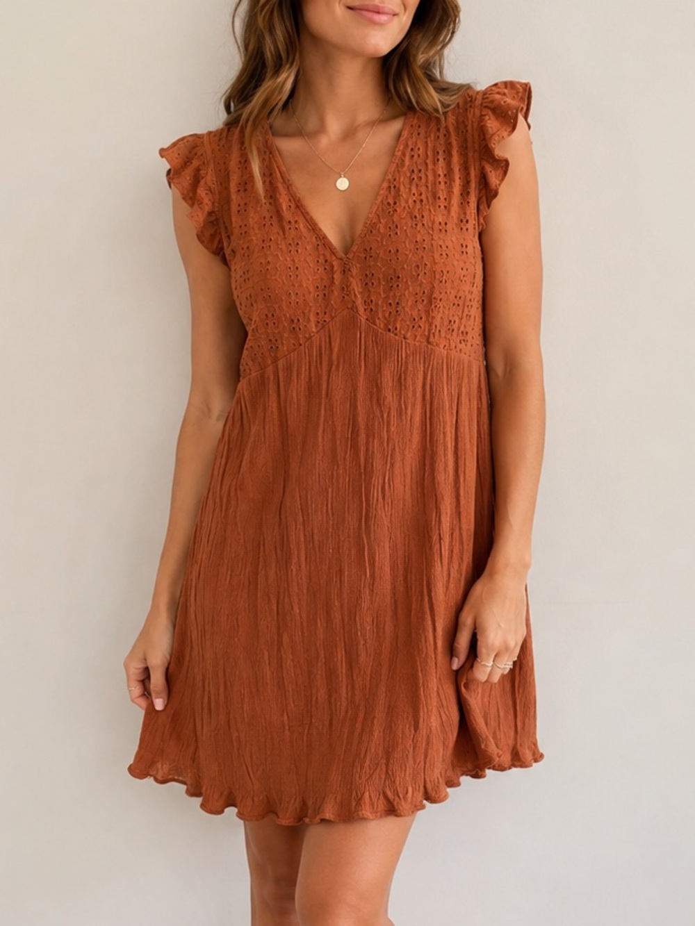 Ivy Rust Orange Boho Crochet Mini Dress Ruffle Sleeve V-Neck Cotton Size Medium